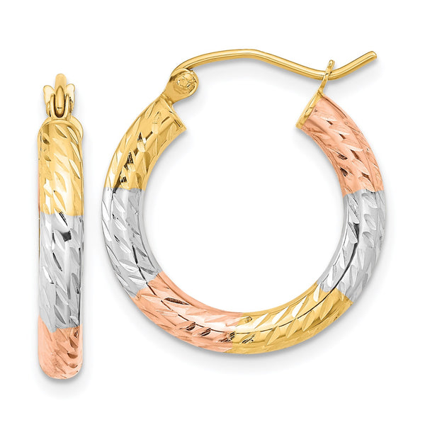 14KT Gold Tri-Color 20X2.9MM Diamond-cut Hoop Earrings