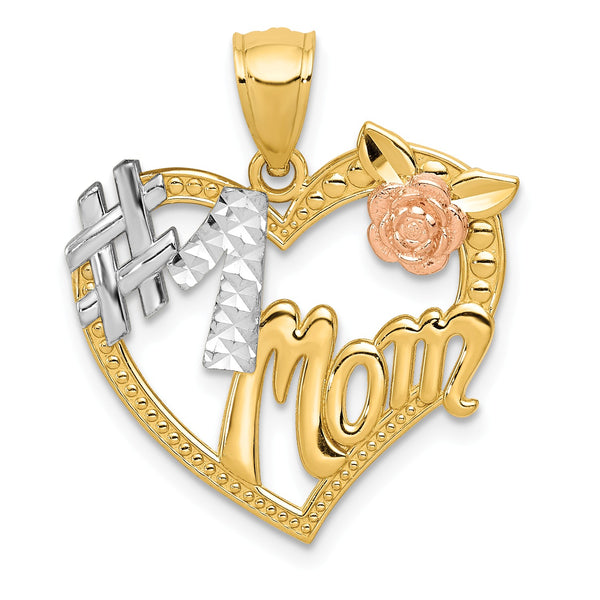 14KT Gold Tri-Color 22X20MM Heart #1 Mom Pendant-Chain Not Included