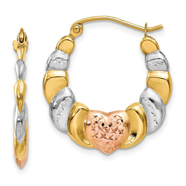 14KT Gold Tri-Color 22X21MM Heart Hoop Earrings