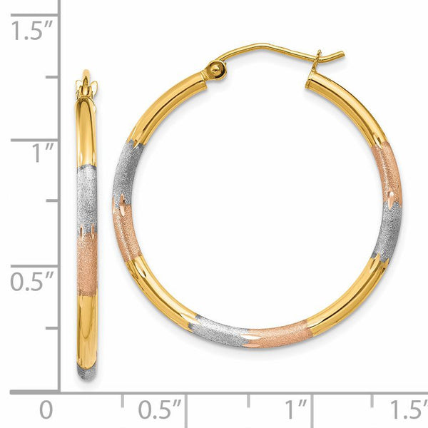 14KT Gold Tri-Color 27X2MM Diamond-cut Hoop Earrings