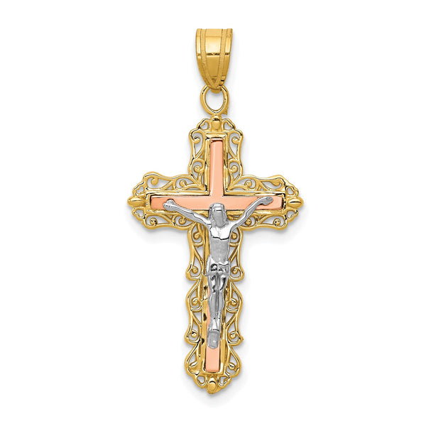 14KT Gold Tri-Color 35X16MM Diamond-cut Crucifix Cross Pendant-Chain Not Included