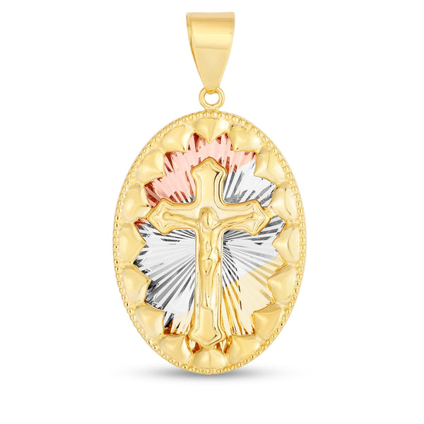 14KT Gold Tri-Color 39X20.8MM Religious Crucifix Cross Medal Pendant-Chain Not Included