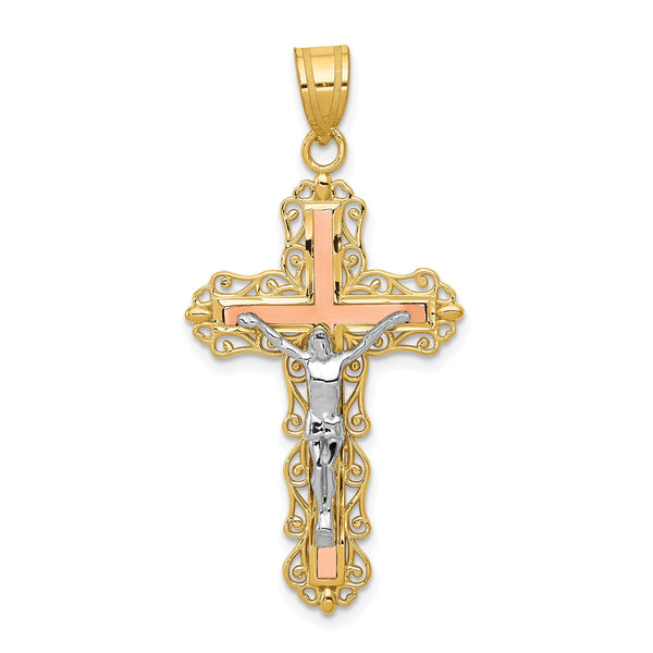 14KT Gold Tri-Color 43X21MM Diamond-cut Crucifix Cross Pendant-Chain Not Included