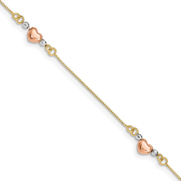 14KT Gold Tri-Color 7.25" 5MM Fancy Heart Bracelet