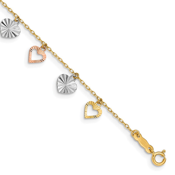 14KT Gold Tri-Color 7.25" 7MM Heart Bracelet