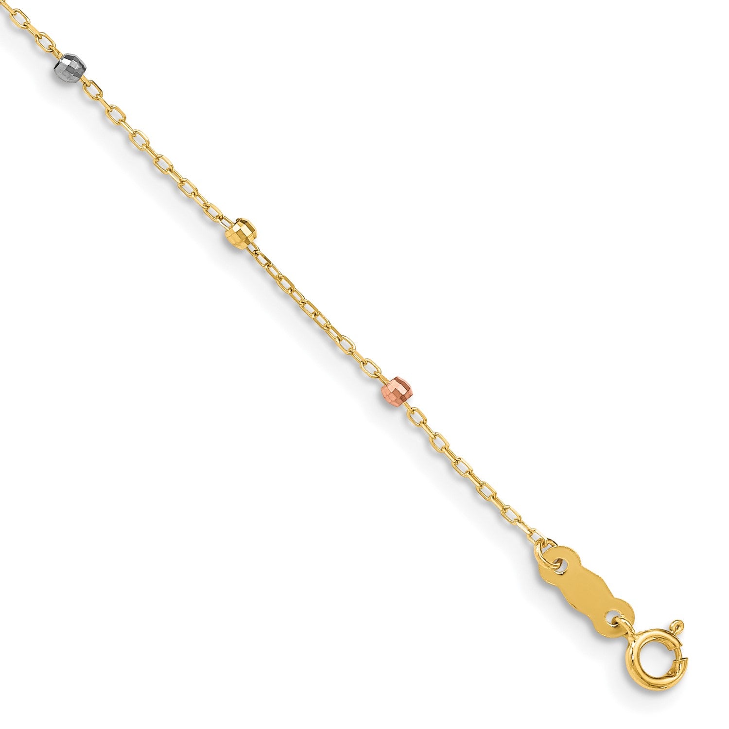 14KT Gold Tri-Color 7-inch 3MM Diamond-cut Beaded Cross Bracelet