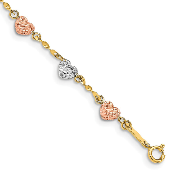 14KT Gold Tri-Color 7" 4MM Fancy Diamond-cut Heart Bracelet