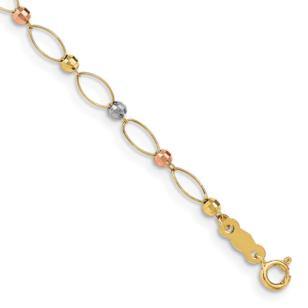 14KT Gold Tri-Color 7.5" 4MM Fancy OvaL Link Bead Bracelet