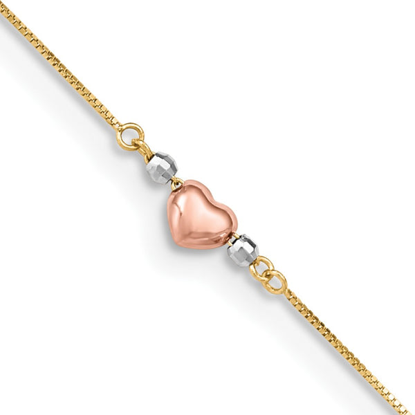 14KT Gold Tri-Color 9"+1" extender Adjustable Heart Anklet