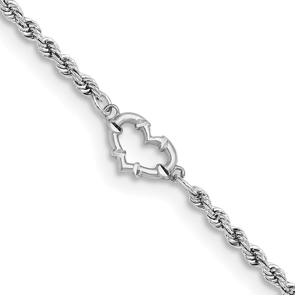 14KT White Gold 10" 2MM Diamond-cut Lobster Clasp Rope Heart Anklet