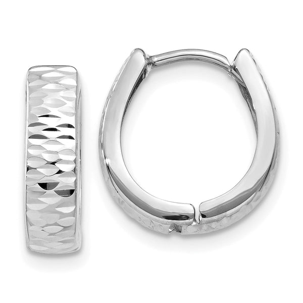 14KT White Gold 12X3MM 3MM Hinged / Huggie Diamond-cut Hoop Earrings