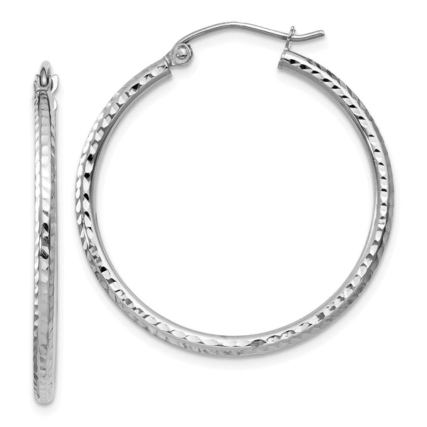14KT White Gold 30X2MM Diamond-cut Hoop Earrings