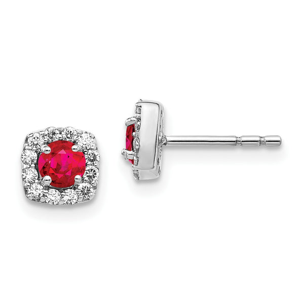 14KT White Gold Ruby and Diamond Halo Cushion Shaped Earrings
