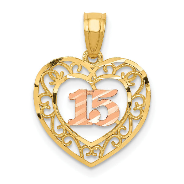 14KT White and Yellow Gold 20X14MM Diamond-cut Quinceanera 15 Pendant-Chain Not Included