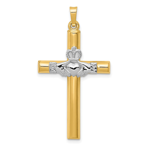 14KT White and Yellow Gold 41X22MM Claddagh Cross Pendant-Chain Not Included
