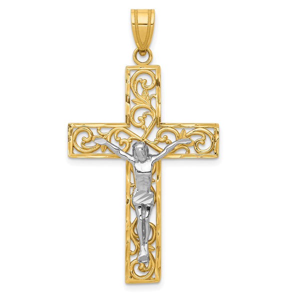 14KT White and Yellow Gold 46X25MM Diamond-cut Filigree Crucifix Cross Pendant-Chain Not Included