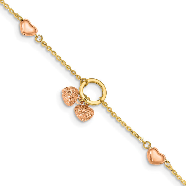 14KT White and Yellow Gold 7" 2MM Diamond-cut Heart Bracelet