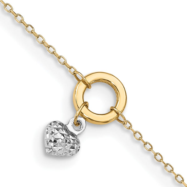 14KT White and Yellow Gold 9"+1" Adjustable Extender Heart Anklet