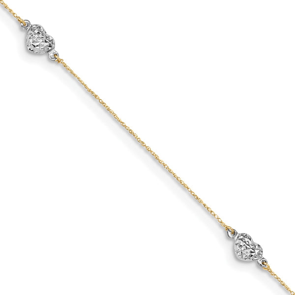 14KT White and Yellow Gold 9"+1" extender Adjustable Heart Anklet