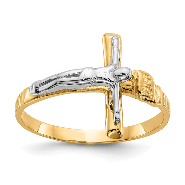 14KT White and Yellow Gold Crucifix Cross Ring; Size 6.7