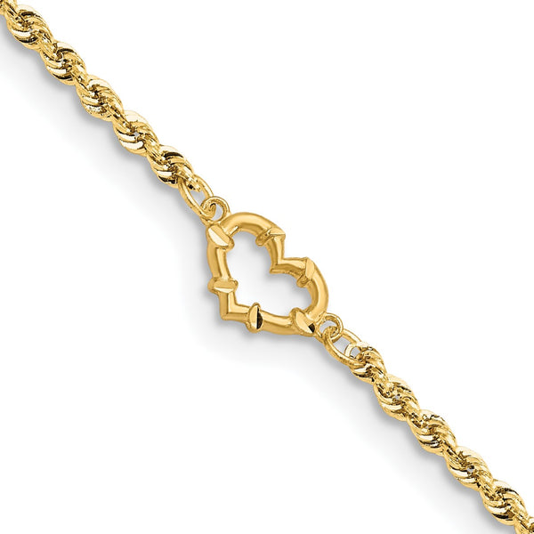14KT Yellow Gold 10" 2MM Diamond-cut Lobster Clasp Rope Heart Anklet