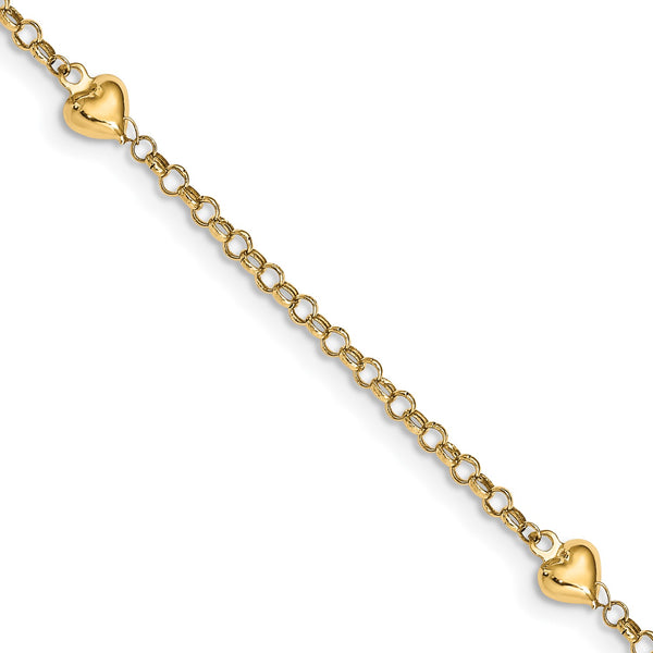 14KT Yellow Gold 10" 6MM Heart Anklet