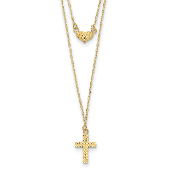 14KT Yellow Gold 16"+2" Double Strand Cross Heart Necklace