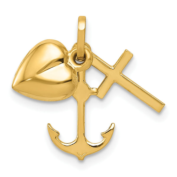 14KT Yellow Gold 17X20MM Heart Cross Anchor Pendant-Chain Not Included