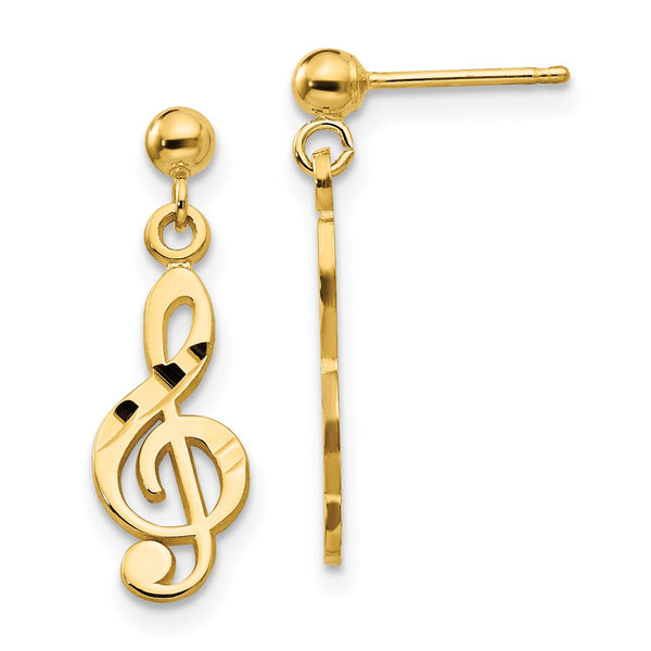 14KT Yellow Gold 22X6MM Diamond-cut Treble Clef Earrings