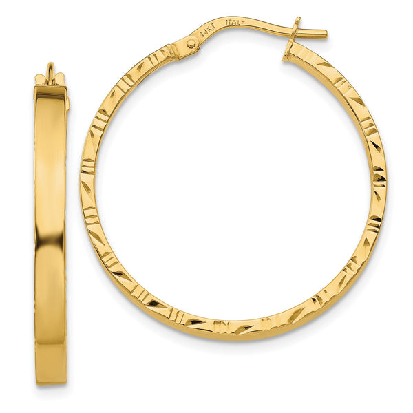 14KT Yellow Gold 30X3MM Diamond-cut Hoop Earrings