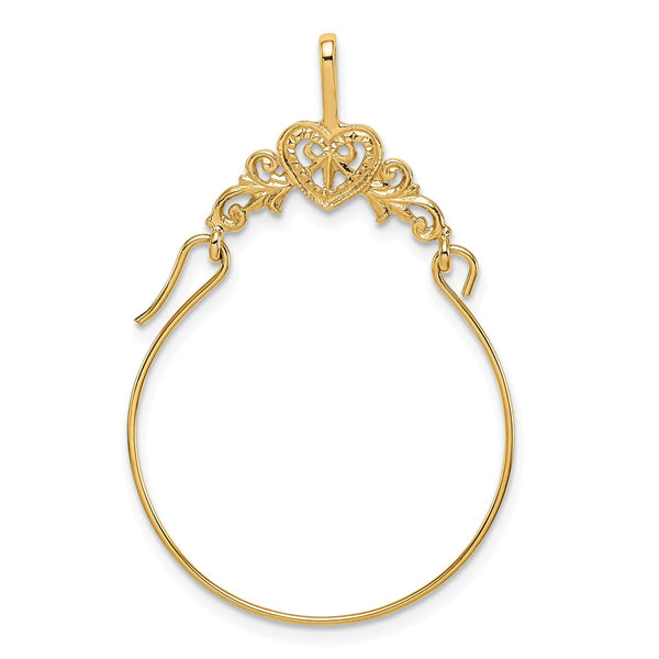 14KT Yellow Gold 35X22MM Filigree Heart Charm Holder Pendant-Chain Not Included