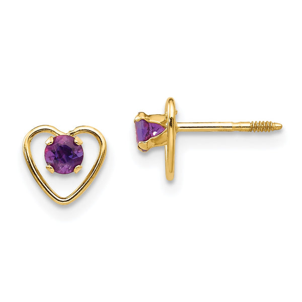 14KT Yellow Gold 3MM Round Amethyst 6MM Heart Childrens Birthstone Stud Earrings