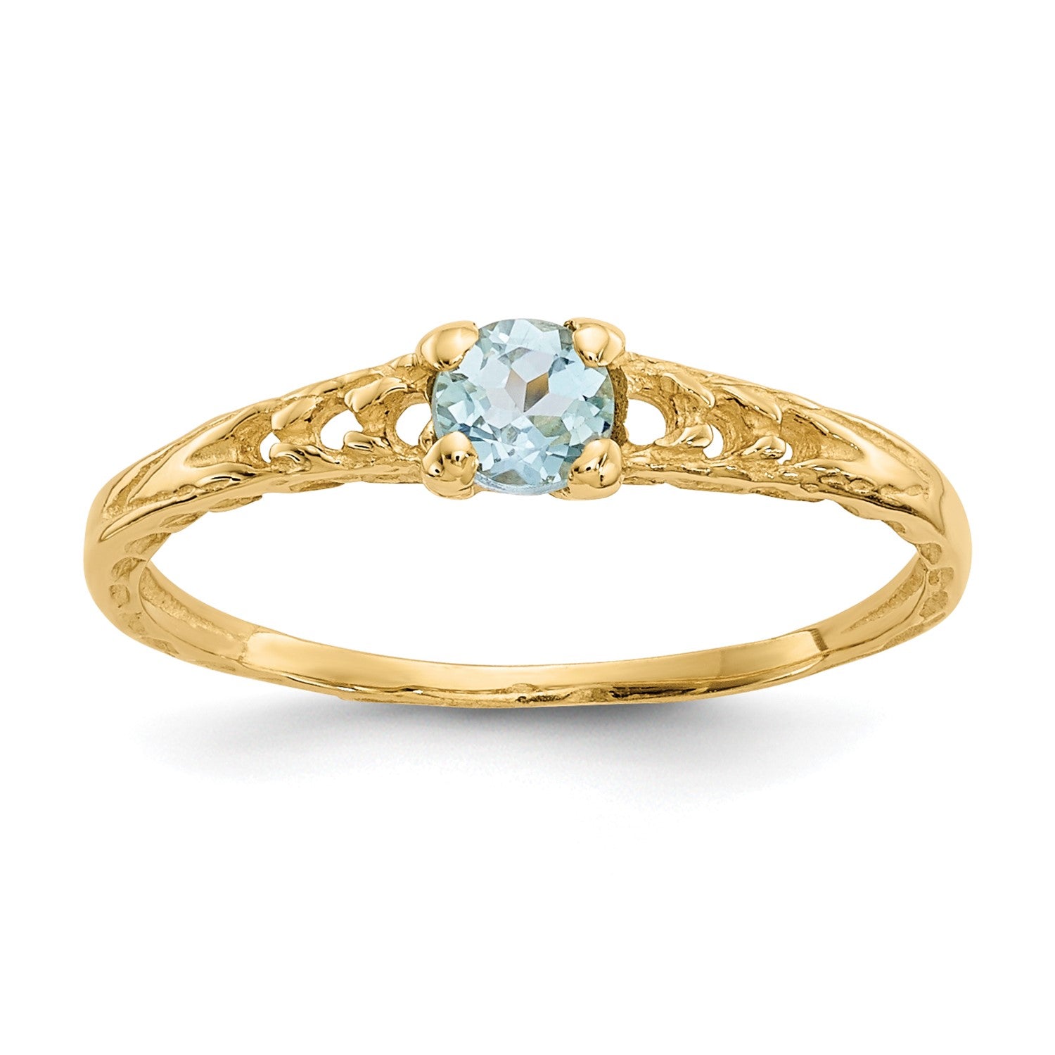 14KT Yellow Gold 3MM Round Aquamarine Birthstone Baby Ring; Size 3