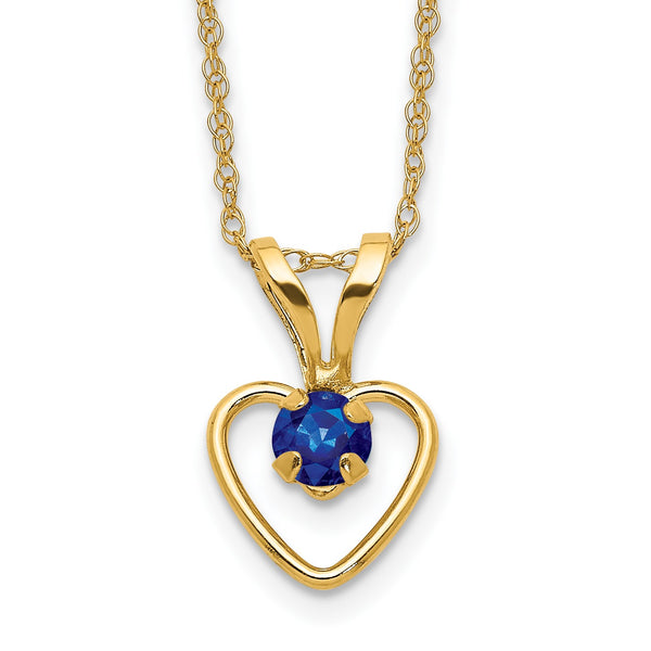 14KT Yellow Gold 3MM Round Blue Sapphire 15" Childrens Birthstone Pendant