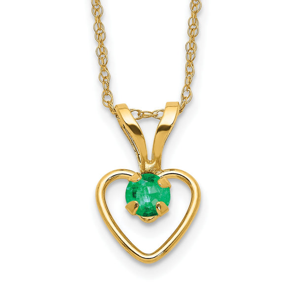 14KT Yellow Gold 3MM Round Emerald 15" Childrens Birthstone Pendant