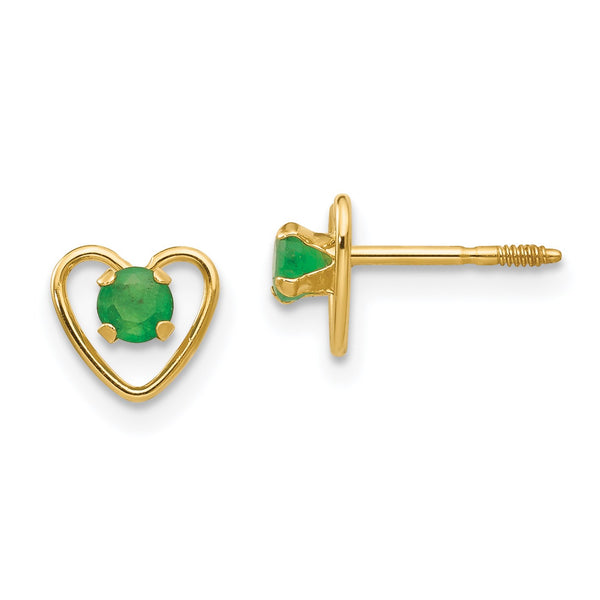 14KT Yellow Gold 3MM Round Emerald 6MM Heart Childrens Birthstone Earrings