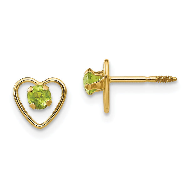 14KT Yellow Gold 3MM Round Peridot 6MM Heart Childrens Birthstone Stud Earrings