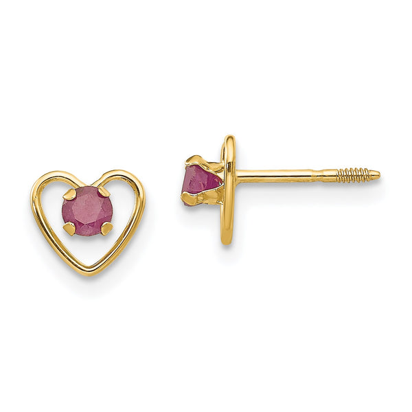 14KT Yellow Gold 3MM Round Ruby 6MM Heart Childrens Birthstone Earrings
