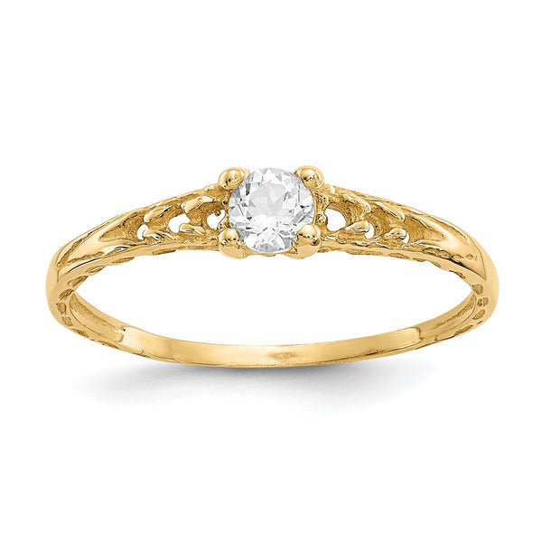 14KT Yellow Gold 3MM Round White Topaz Birthstone Baby Ring; Size 3