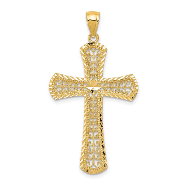 14KT Yellow Gold 42X23MM Diamond-cut Filigree Cross Pendant-Chain Not Included