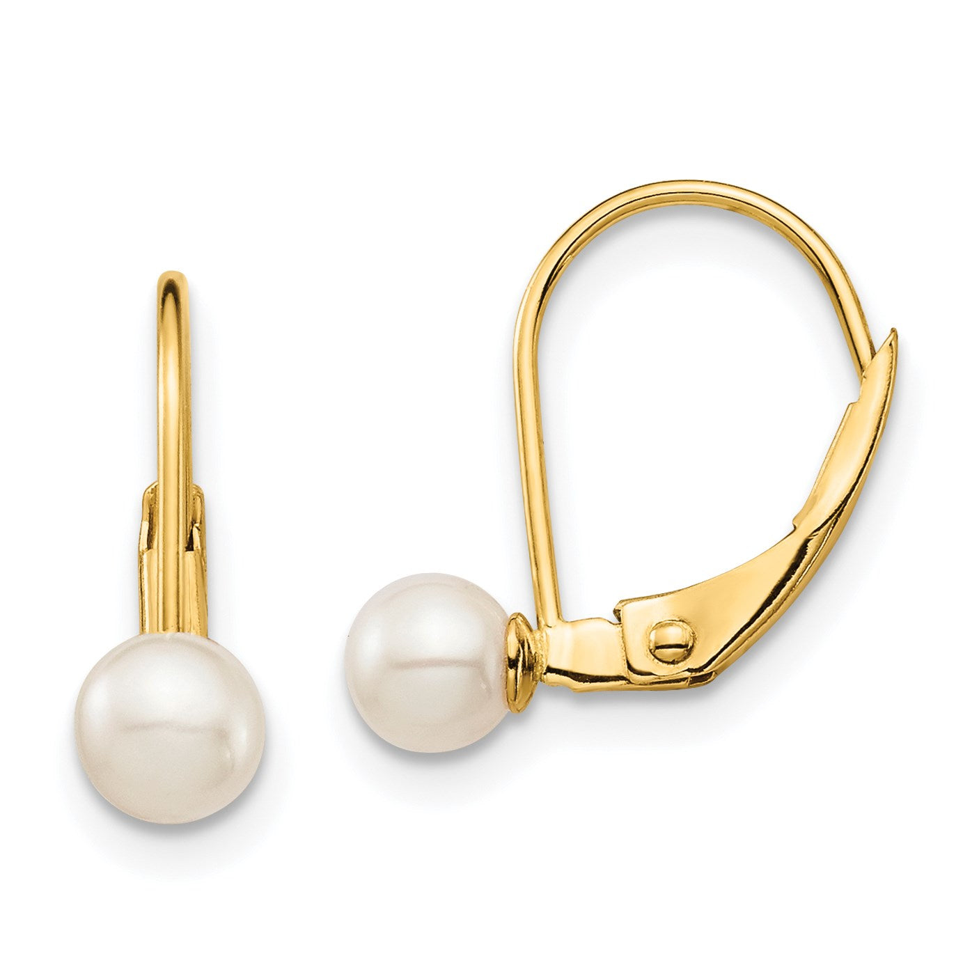 14KT Yellow Gold 4MM Round Pearl Leverback Earrings