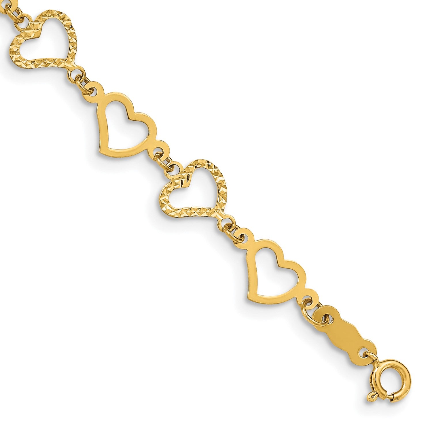14KT Yellow Gold 7.25-inch 7MM Diamond-cut Heart Bracelet
