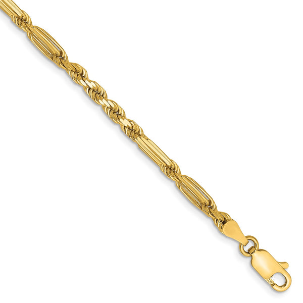 14KT Yellow Gold 7" 3MM Diamond-cut Lobster Clasp Rope Bracelet