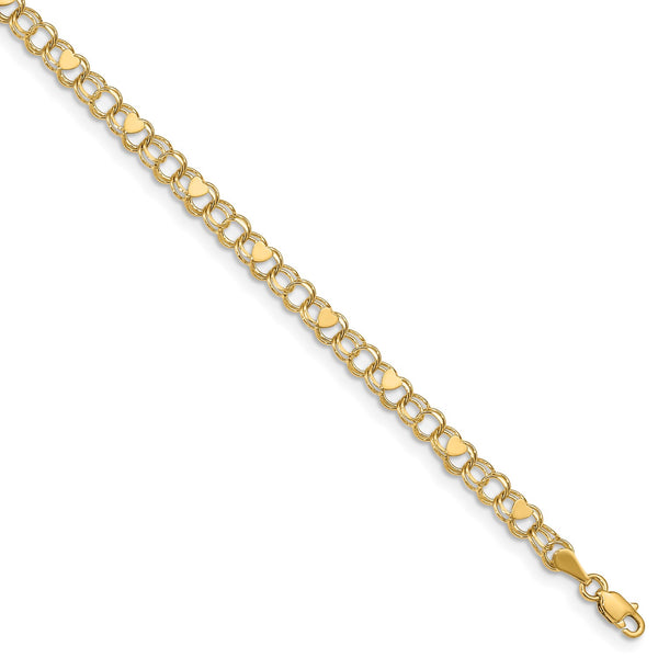 14KT Yellow Gold 7" 4MM Heart Charm Bracelet