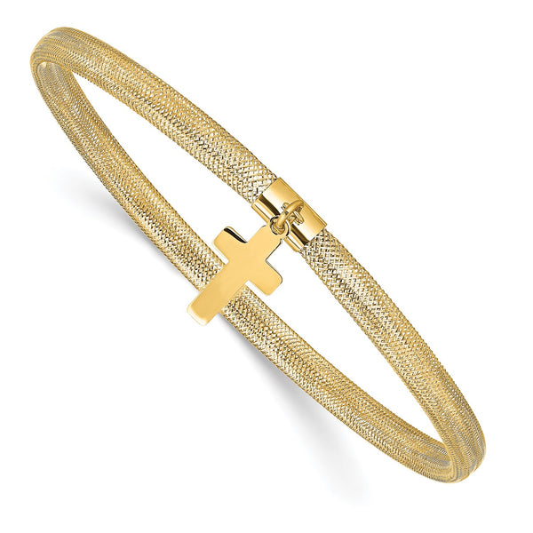 14KT Yellow Gold 7" 4MM Stretch Bangle Cross Bracelet