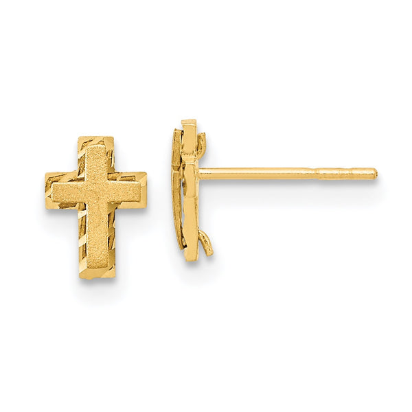 14KT Yellow Gold 7.5X5MM Diamond-cut Cross Stud Earrings