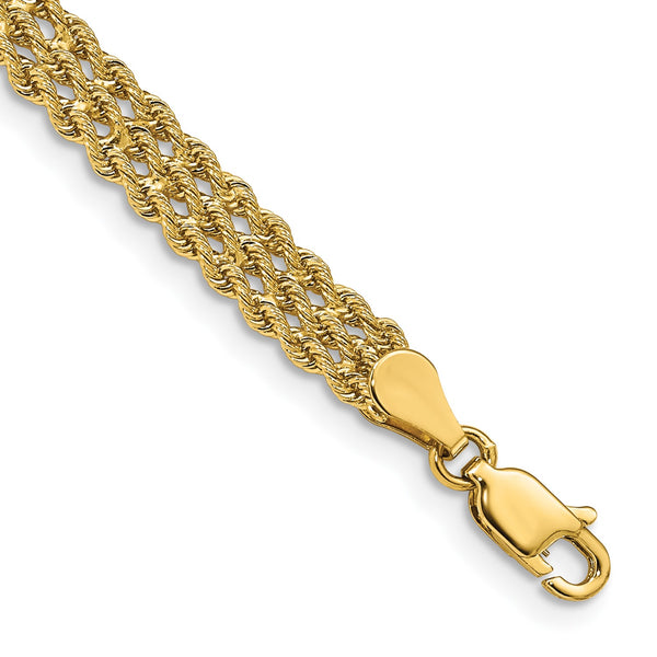 14KT Yellow Gold 7" 5.5MM Diamond-cut Rope Triple Strand Bracelet