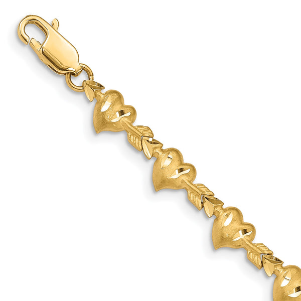 14KT Yellow Gold 7" 6MM Fancy Diamond-cut Heart Arrow Bracelet