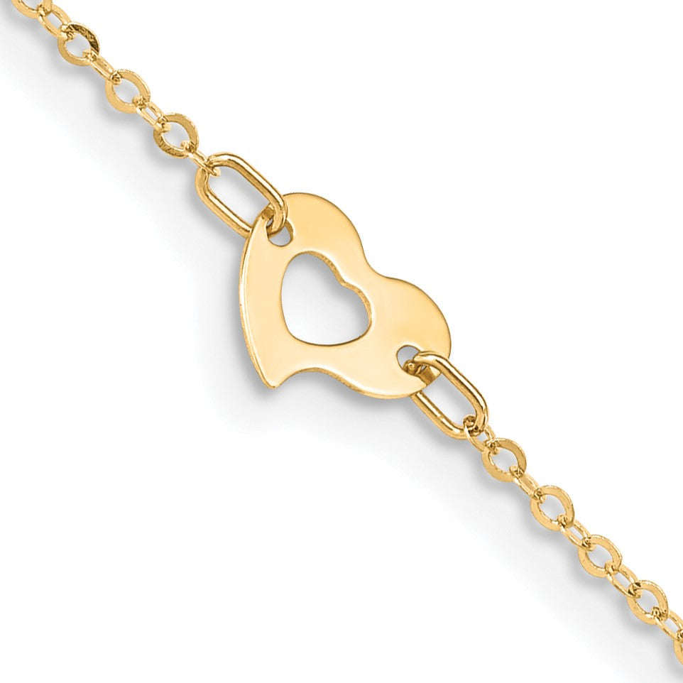 14KT Yellow Gold 9+1-inch extender Adjustable Heart Anklet