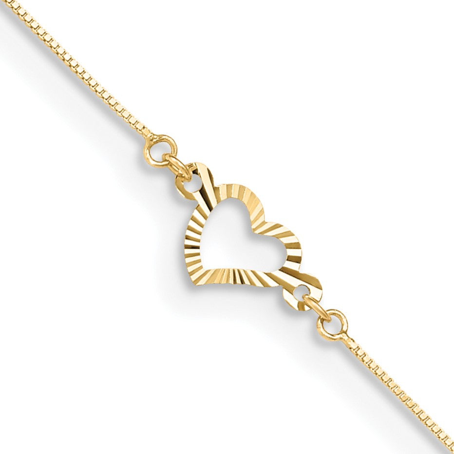 14KT Yellow Gold 9+1-inch extender Adjustable Heart Anklet